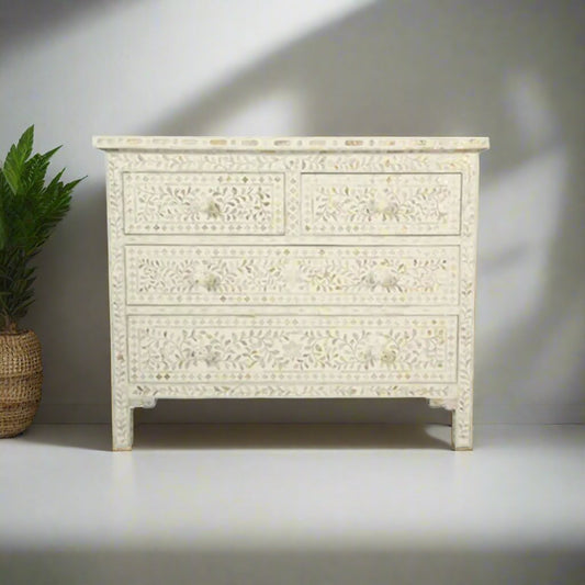Mother Of Pearl Inlay Floral Design Chest of 4 Drawers in White Color