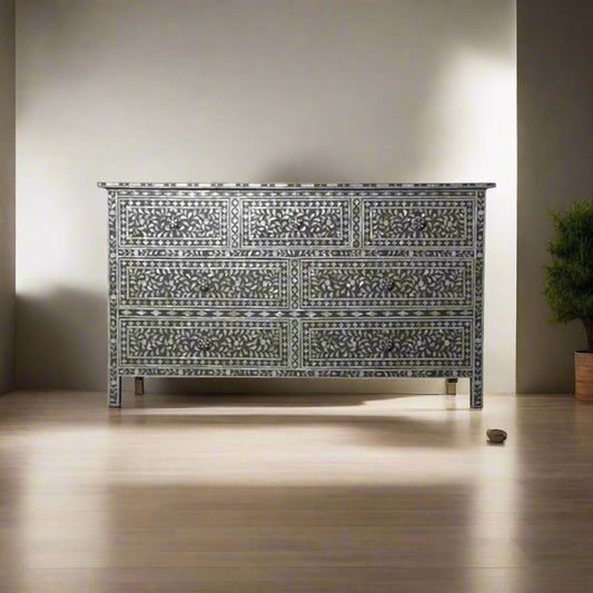 HANDMADE CHARCOAL BLACK MOTHER OF PEARL INLAY CHEST OF 7 DRAWERS