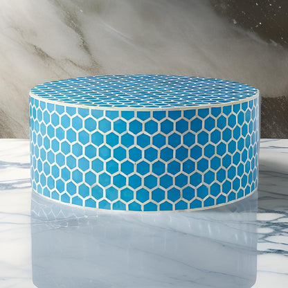 Geometric Honeycomb Pattern Bone Inlay Round Coffee Table - Blue