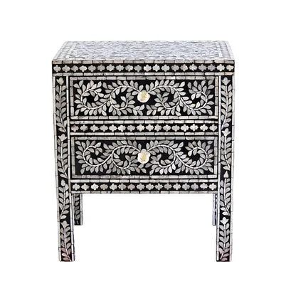 HANDMADE MOTHER OF PEARL INLAY BEDSIDE TABLE- Floral/Black