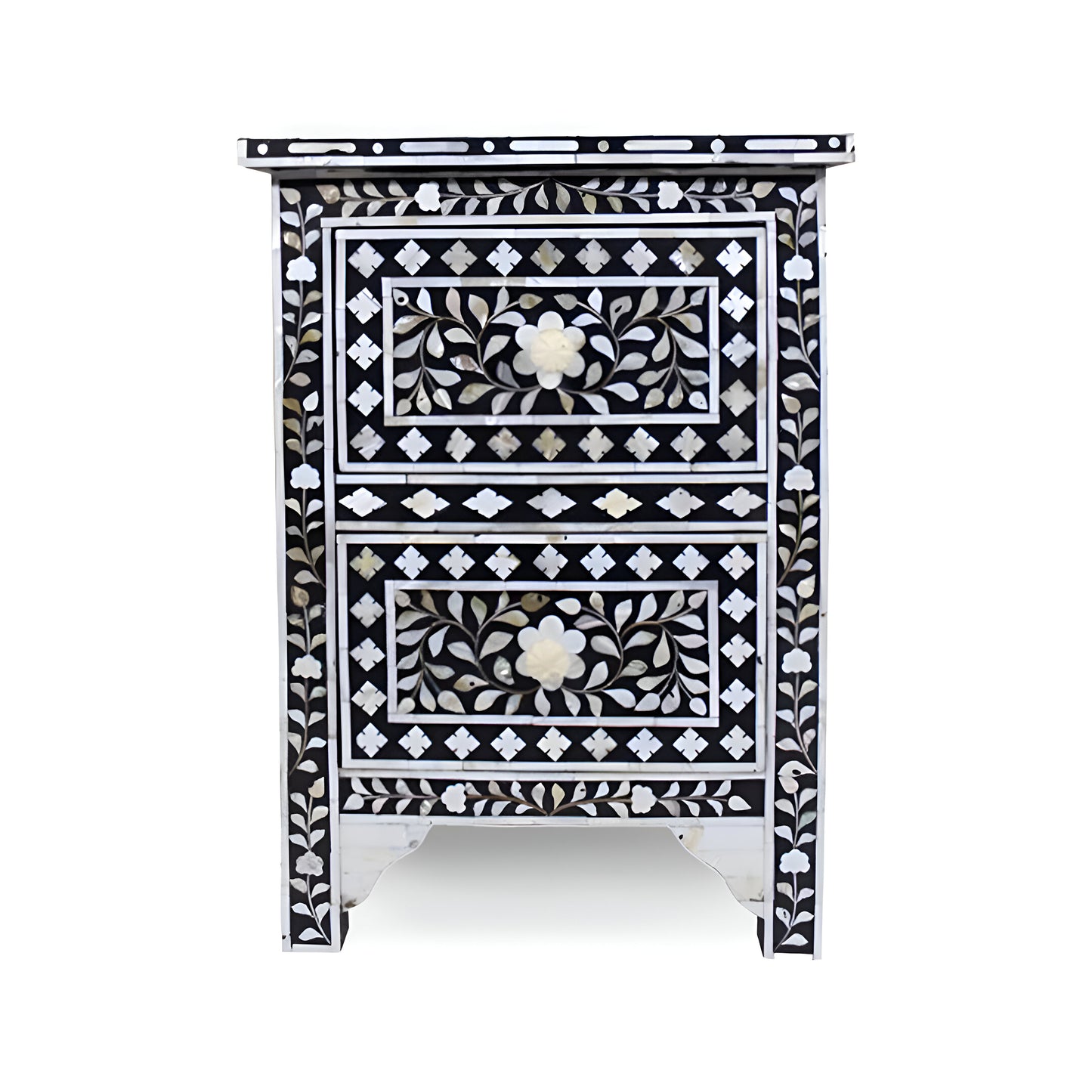 HANDMADE  MOTHER OF PEARL INLAY BEDSIDE TABLE- Floral/Black