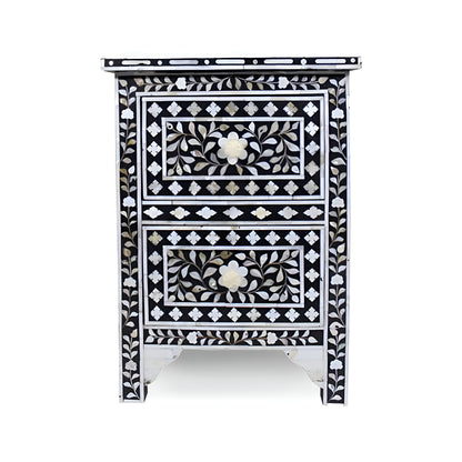 HANDMADE  MOTHER OF PEARL INLAY BEDSIDE TABLE- Floral/Black