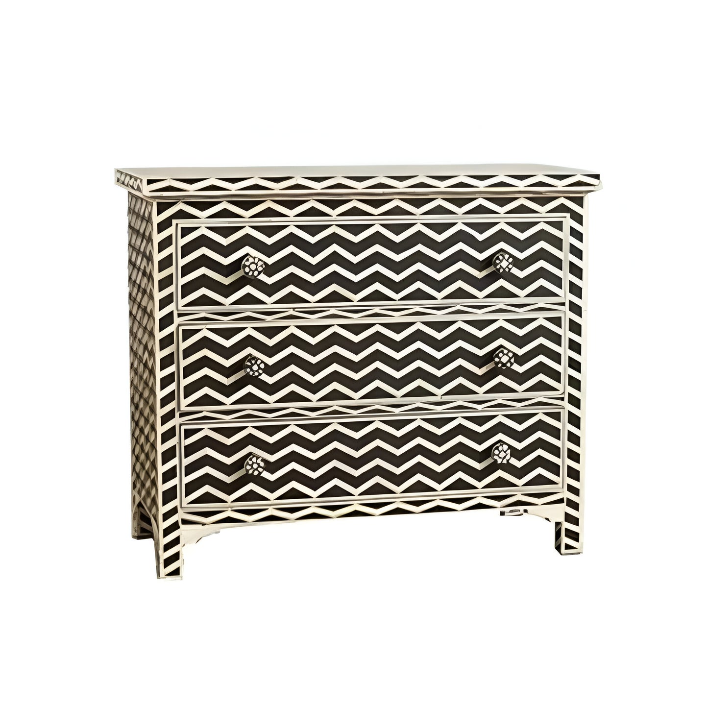 Bone Inlay Chest Of 3 Drawers, Chevron Pattern In White