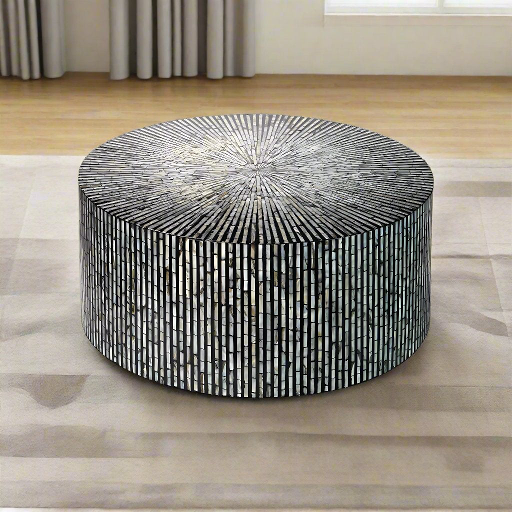 Handmade Customized Mother of Pearl Round Coffee Table- Strip