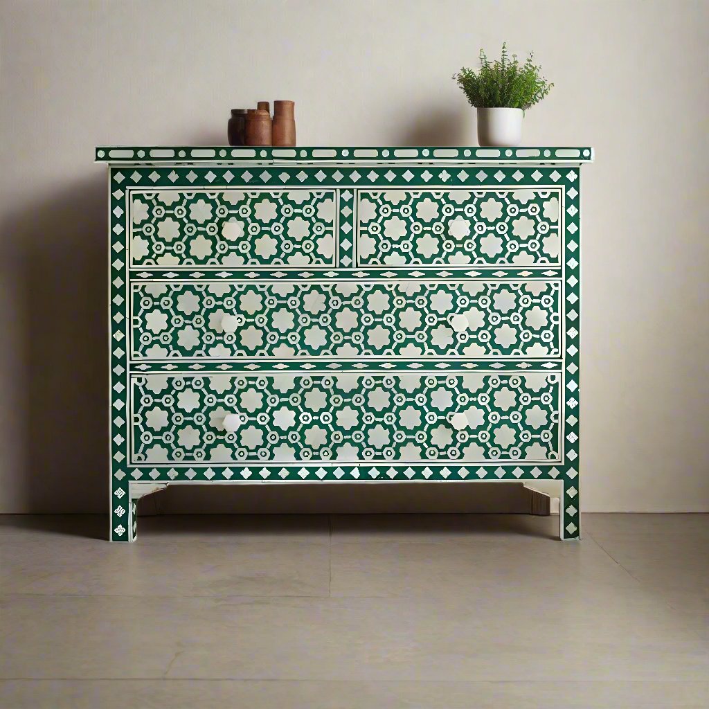 Bone Inlay Chest Of 4 Drawers , Moroccan Pattern In Green