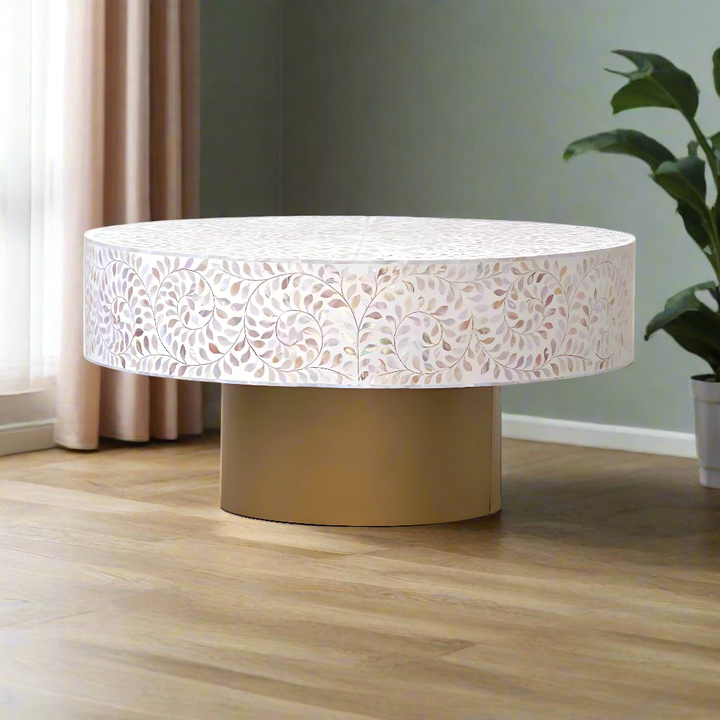 Handmade Customized Mother of Pearl Round Coffee Table- Floral