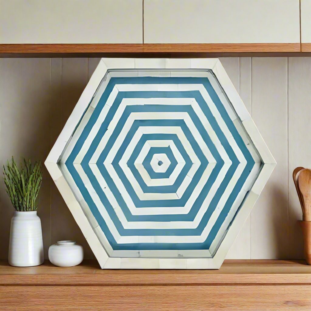 Handmade Customized Bone Inlay Hexagonal Serving Tray