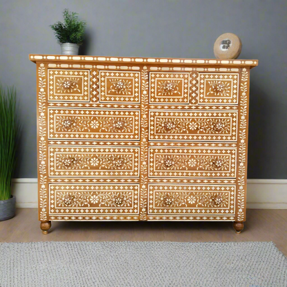 Handcrafted Antique Bone Inlay Chest of 10 Drawers