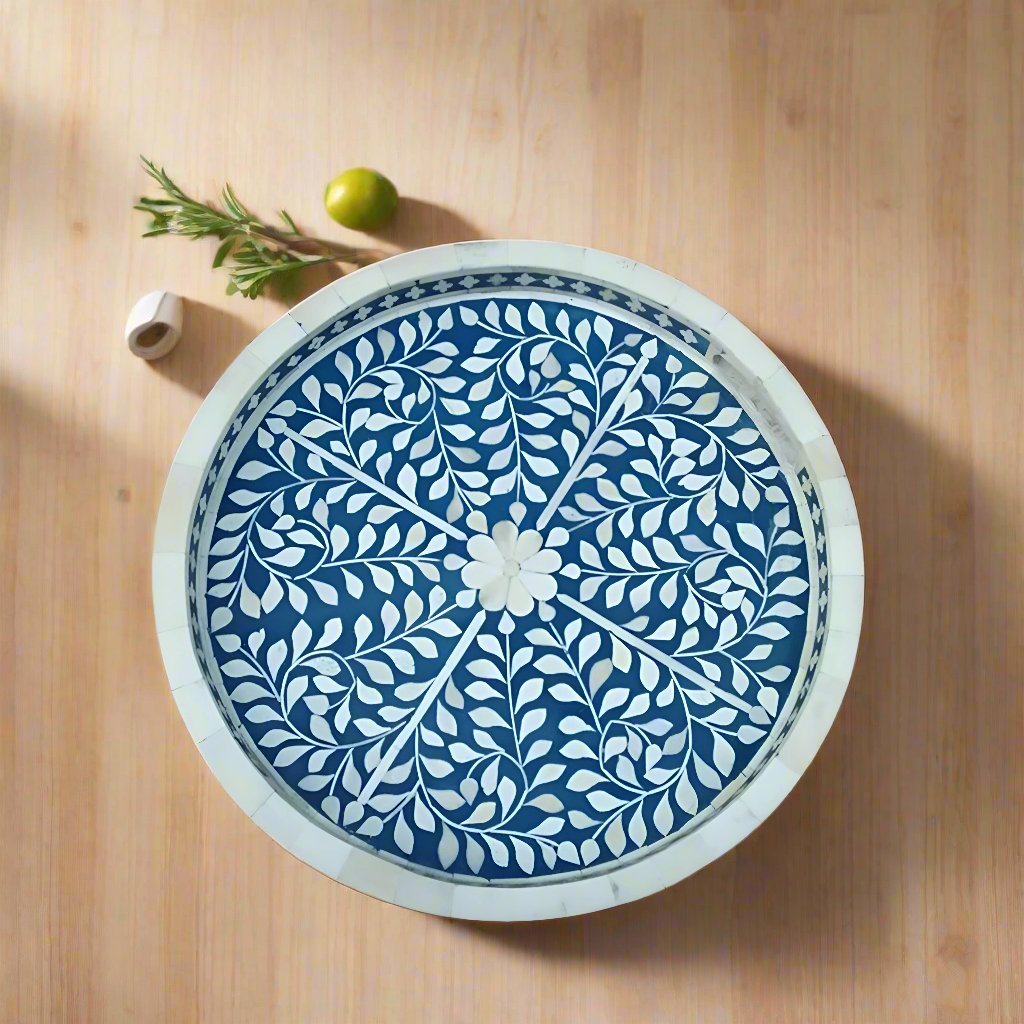 Handmade Customized Bone Inlay Round Decorative Serving Tray for Home & Office