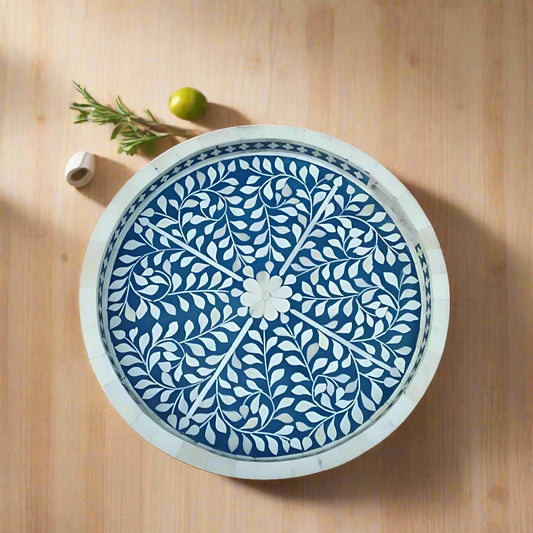Handmade Customized Bone Inlay Round Decorative Serving Tray for Home & Office