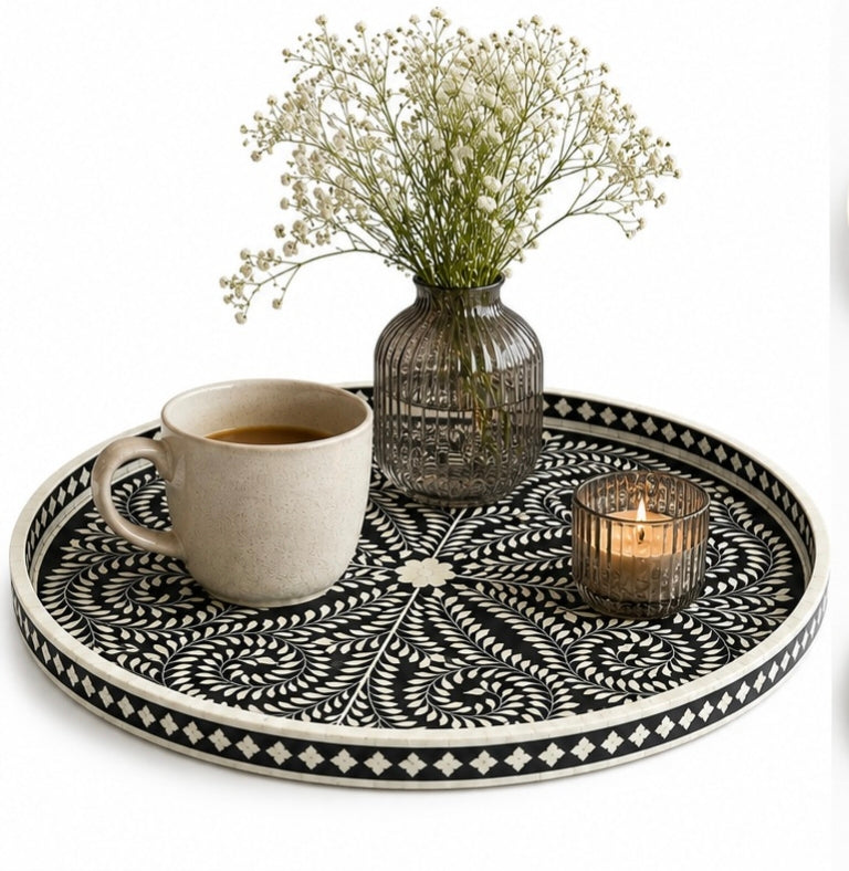Handmade Bone Inlay Serving Tray Black Floral Design