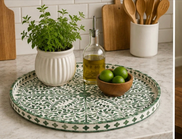 Green Floral Bone Inlay Round Vanity & Coffee Table Tray
