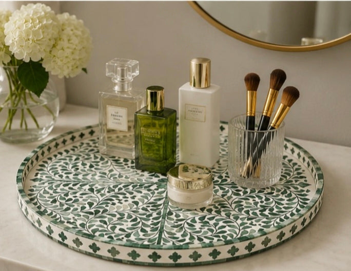Green Floral Bone Inlay Round Vanity & Coffee Table Tray