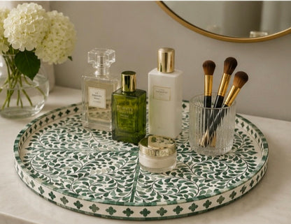 Green Floral Bone Inlay Round Vanity & Coffee Table Tray