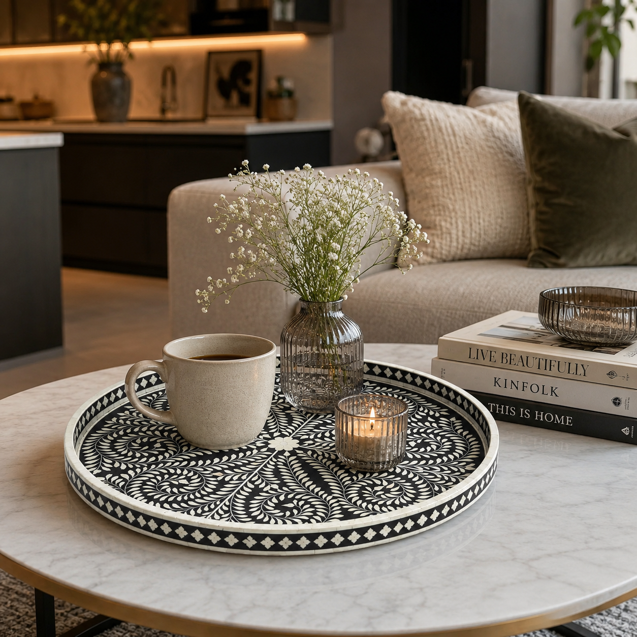 Black and White Bone Inlay Round Tray with Floral Vine Pattern