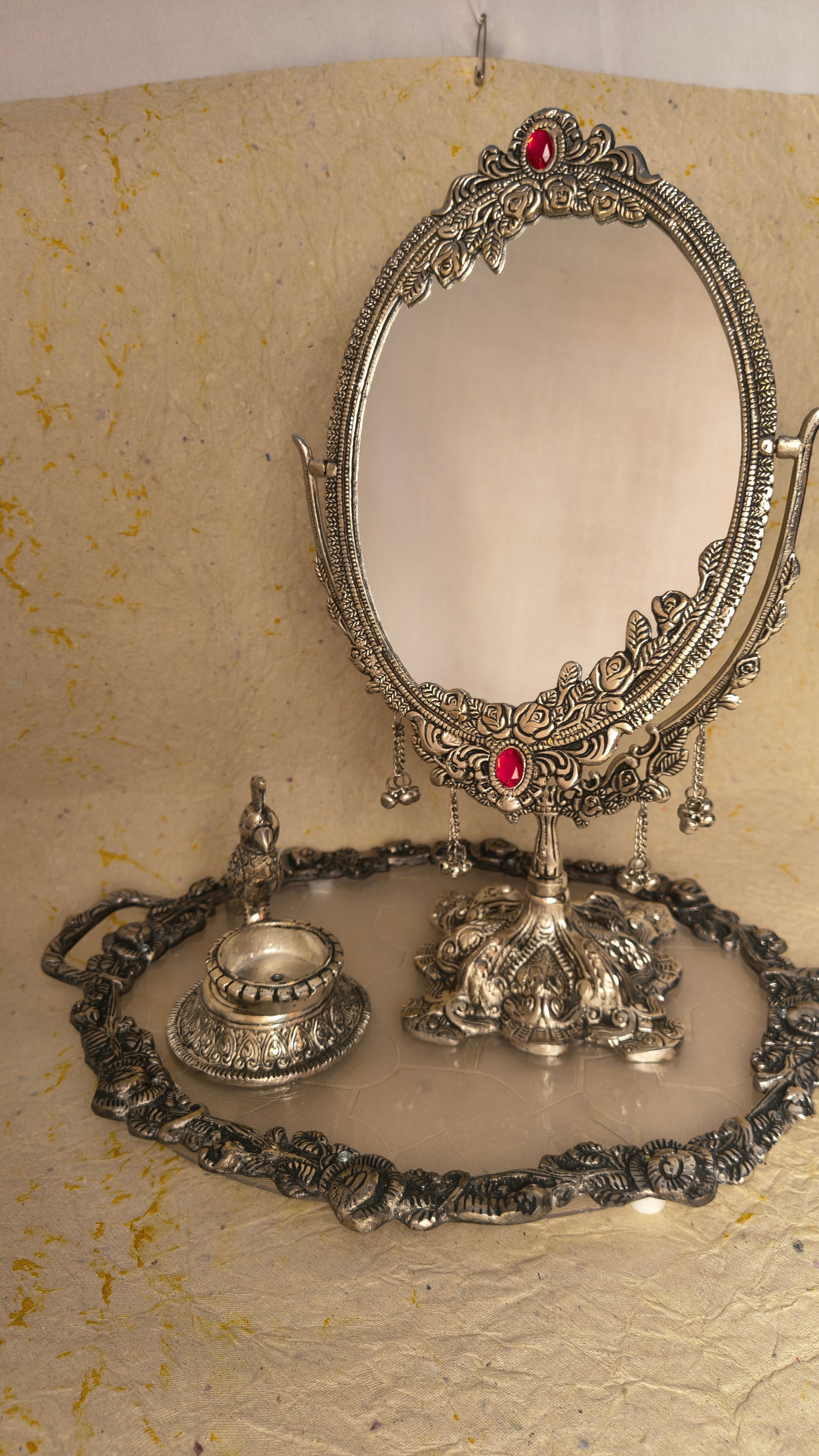 Dual-Sided Vintage Vanity Mirror with Decorative Floral Frame, Matching Tray and Candle Holder Set for Dressing Table Decor