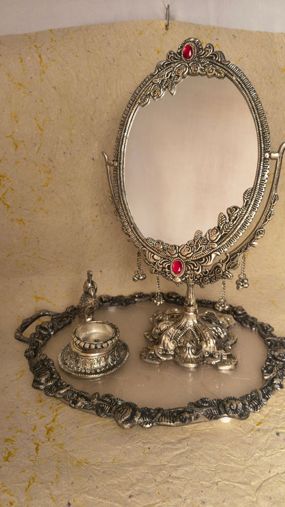 Dual-Sided Vintage Vanity Mirror with Decorative Floral Frame, Matching Tray and Candle Holder Set for Dressing Table Decor