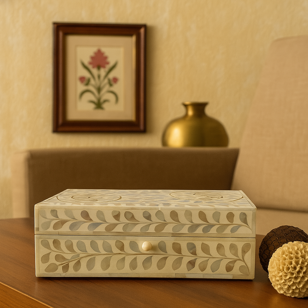 Handmade Mother of Pearl Leaf Pattern Jewelry Box