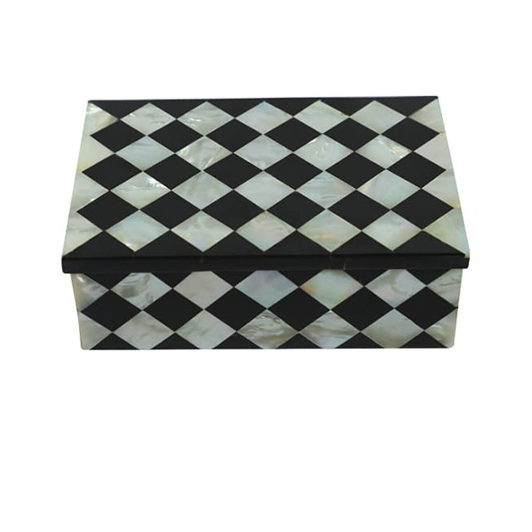 Customized Mother of Pearl inlay keepsake box with geometric pattern, displaying elegant pearl and gold jewelry.