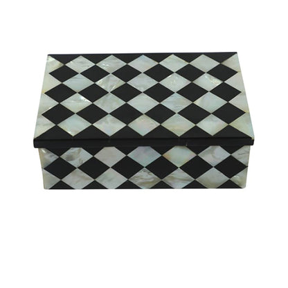 Customized Mother of Pearl inlay keepsake box with geometric pattern, displaying elegant pearl and gold jewelry.