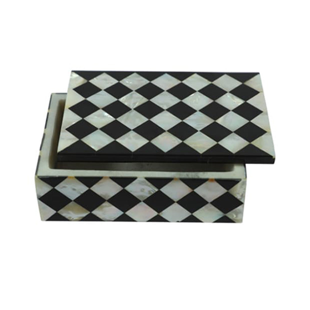 Decorative Mother of Pearl inlay jewelry box with diamond pattern, partially open to reveal luxury jewelry.