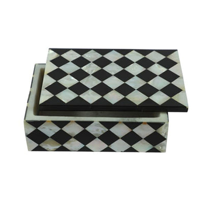 Decorative Mother of Pearl inlay jewelry box with diamond pattern, partially open to reveal luxury jewelry.
