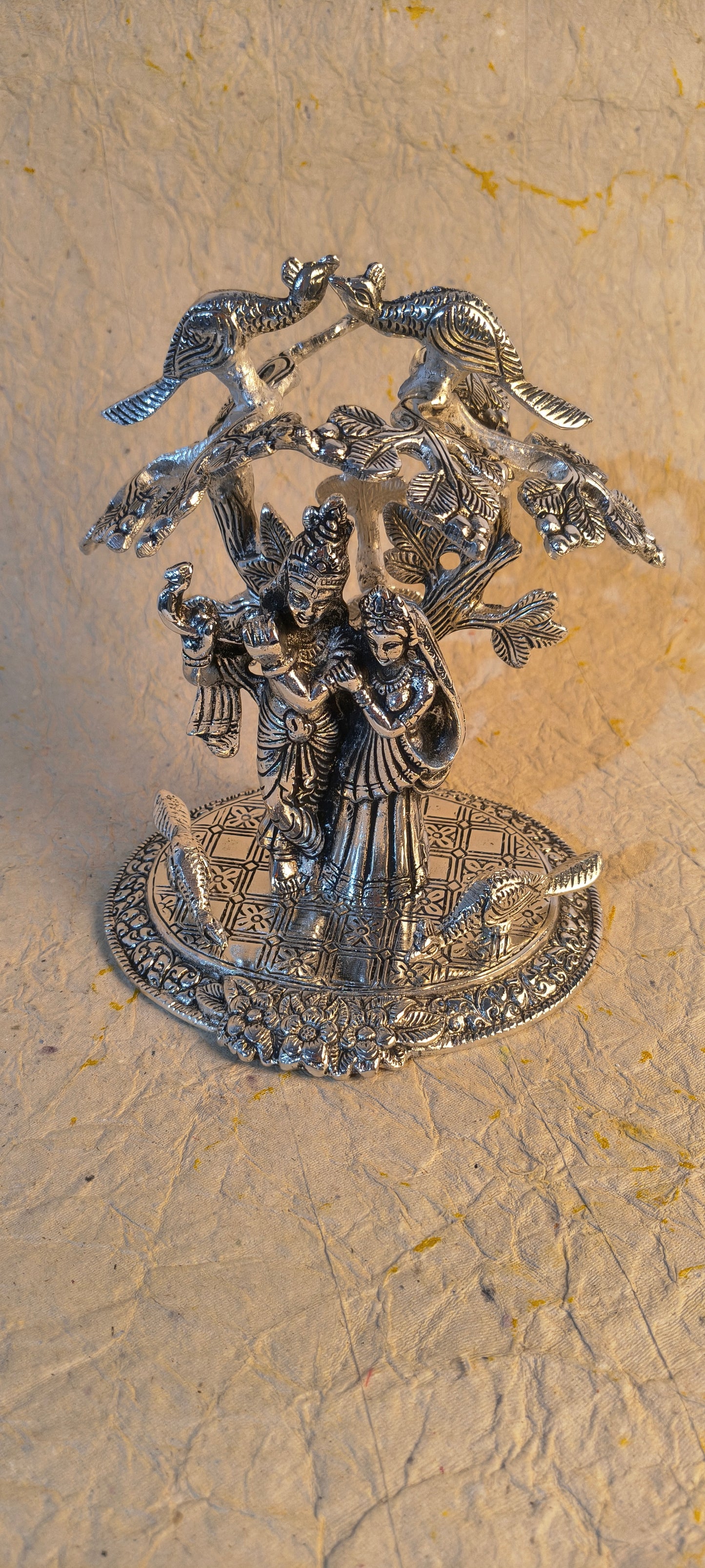 Decorative Radha Krishna Statue Under Tree with Birds, Silver Finish Spiritual Home Decor Idol