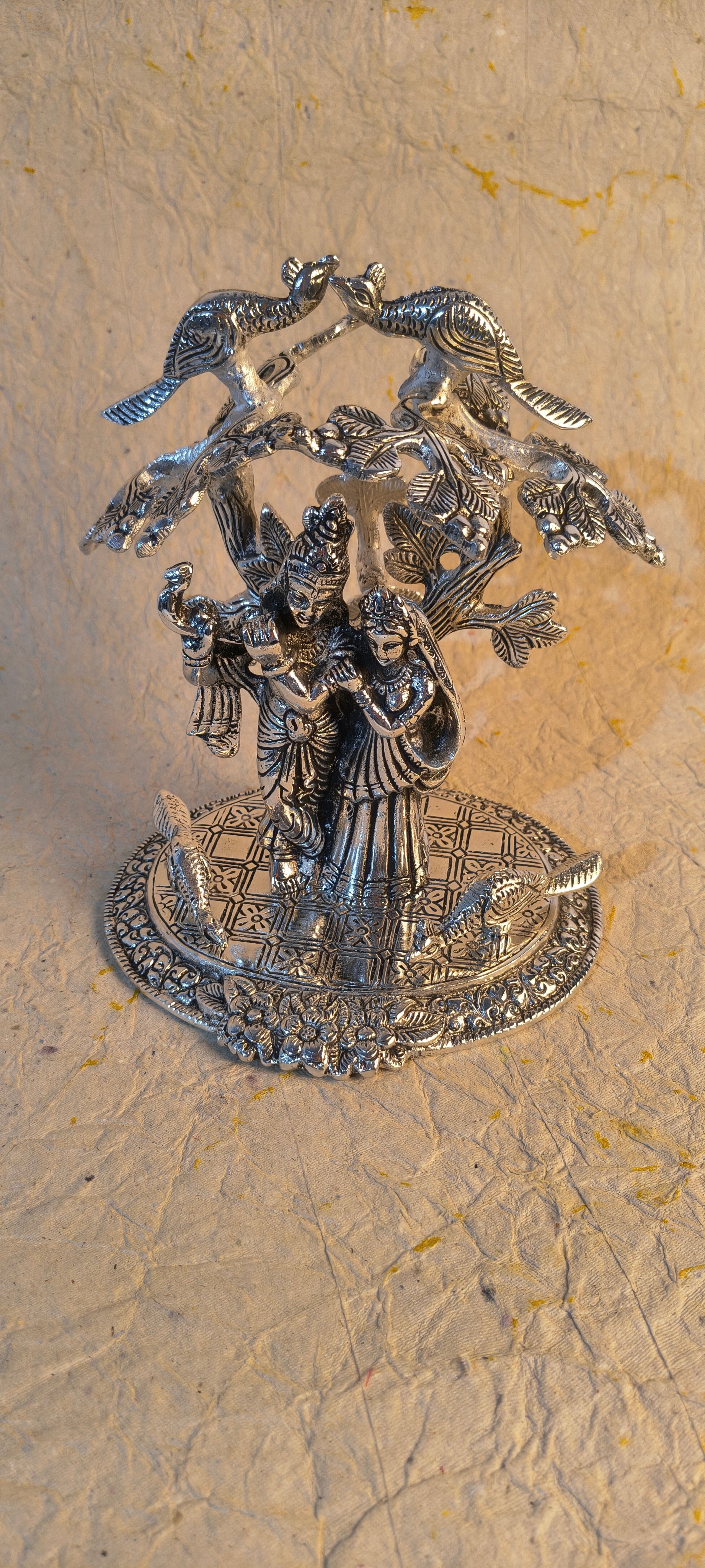 Decorative Radha Krishna Statue Under Tree with Birds, Silver Finish Spiritual Home Decor Idol