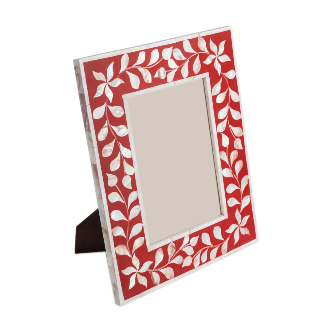 Handmade Red Mother of Pearl Floral Picture Frame Front View for Luxury Home Décor
