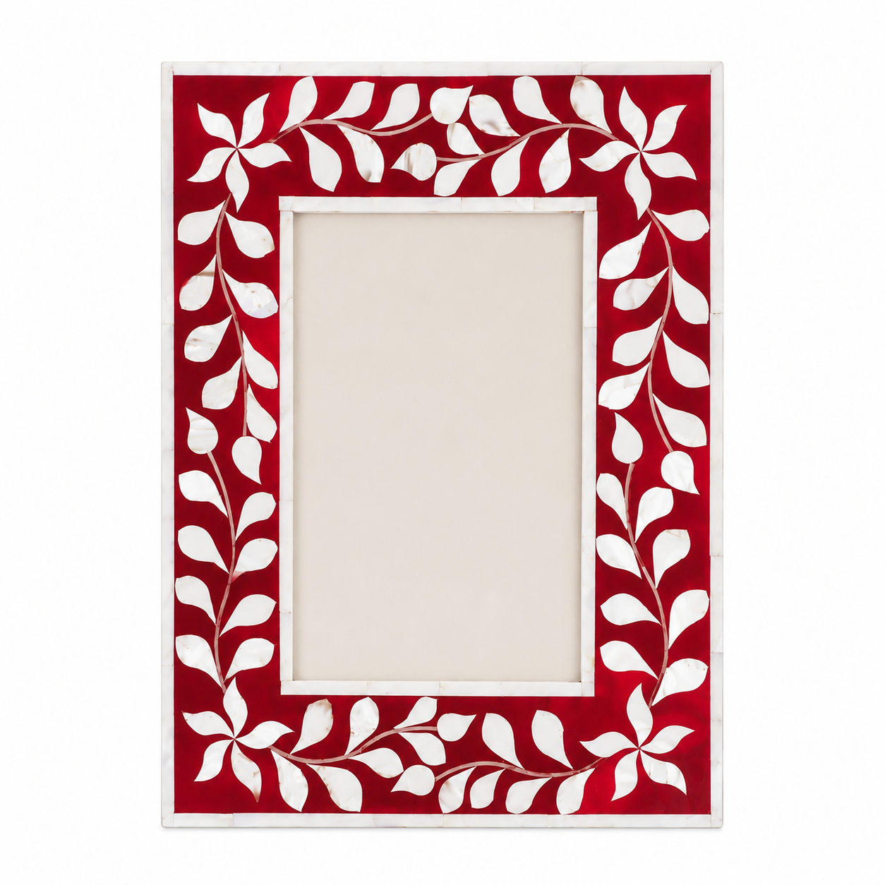 Luxury Mother of Pearl Inlay Red Photo Frame with Handcrafted Floral Pattern for Home Decoration