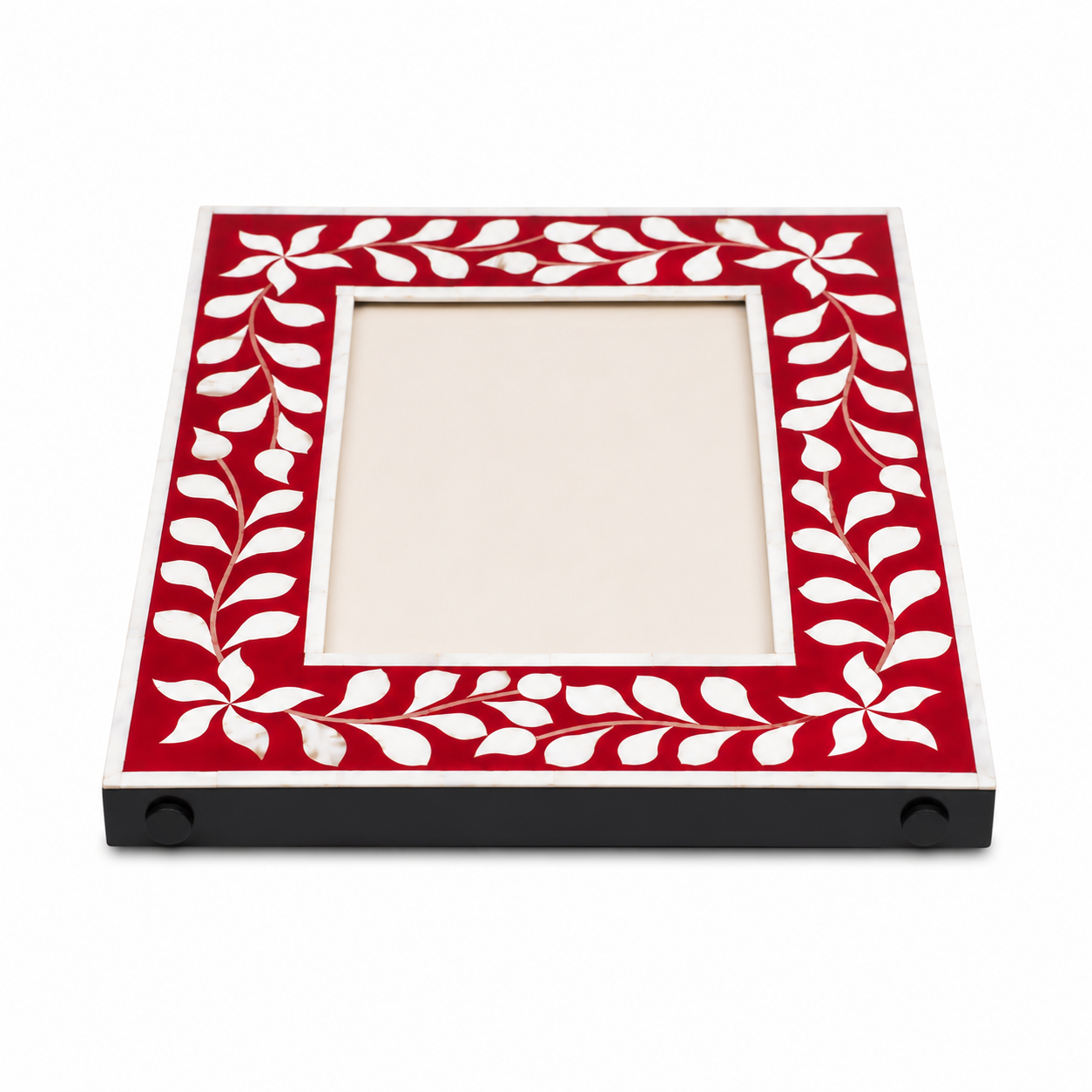 op View of Red Mother of Pearl Inlay Picture Frame with Floral Design
