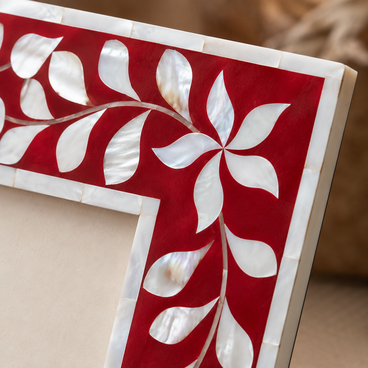 Bottom View of Red Mother of Pearl Inlay Picture Frame Showing Premium Craftsmanship