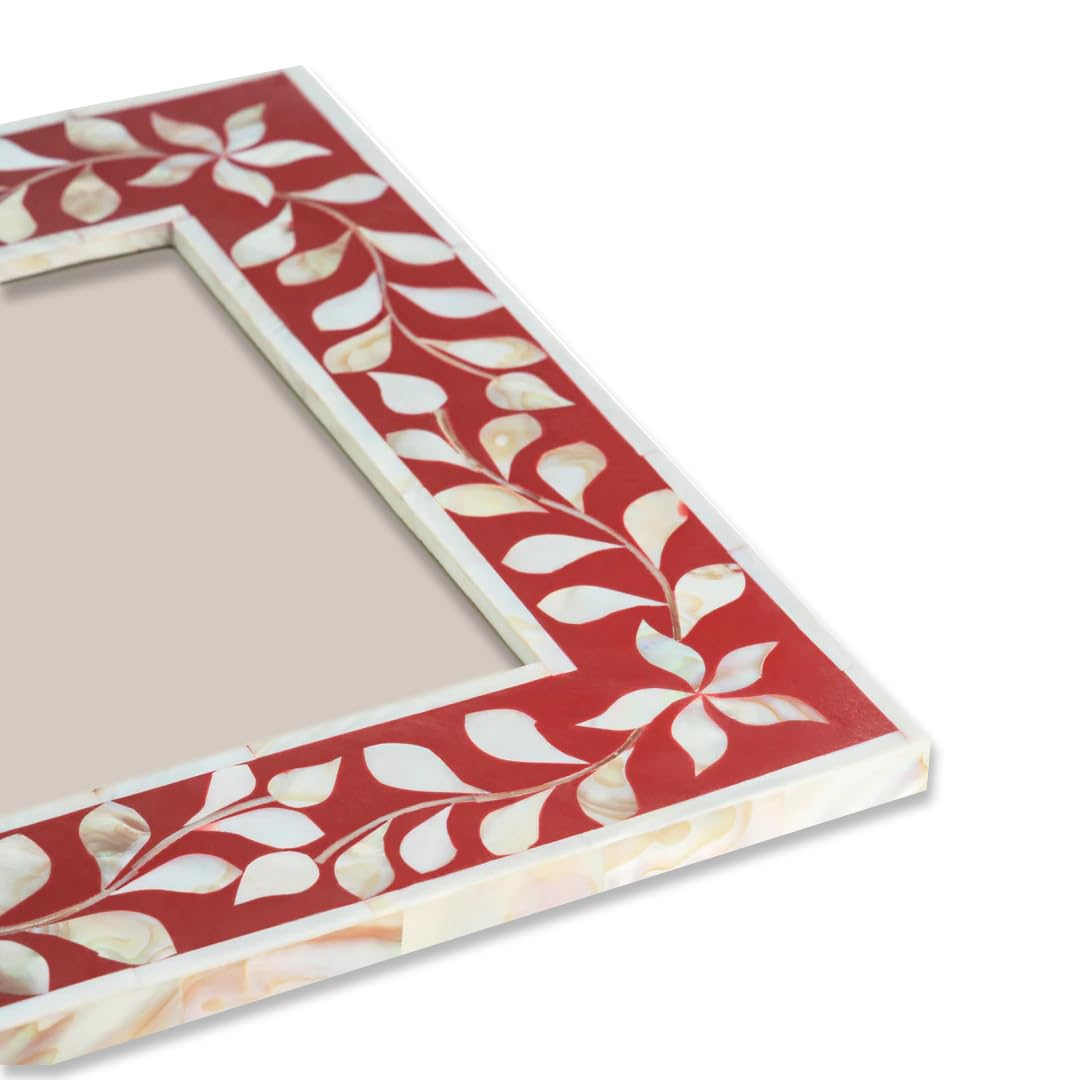 Close-Up of Mother of Pearl Floral Inlay on Handmade Red Picture Frame