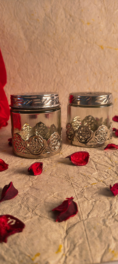 Pair of Handcrafted German Silver & Glass Utility Jars with Intricate Cutwork Base (Set of 2)