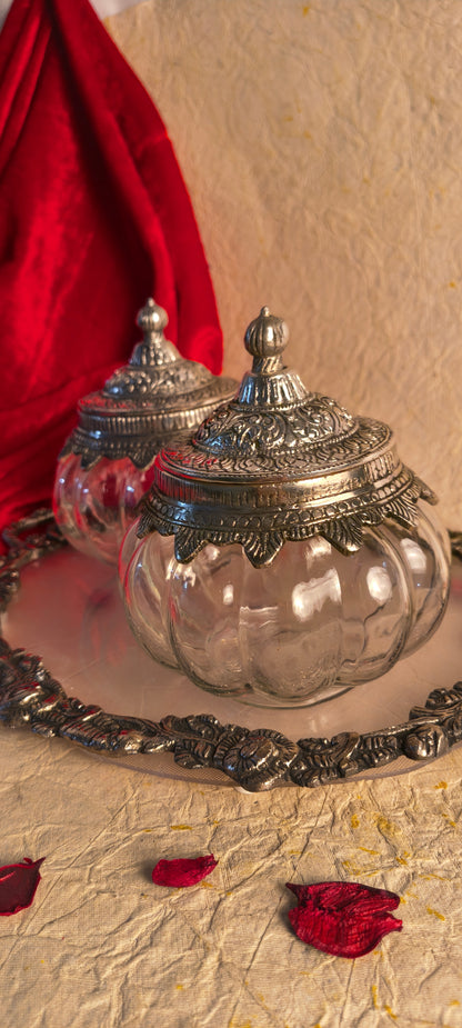German Silver & Glass Pumpkin Jar Gift Set with Matching Serving Tray (3-Piece Set)