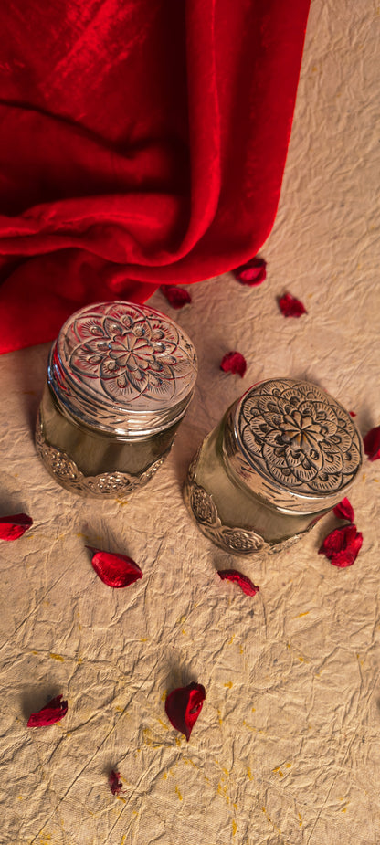 Pair of Handcrafted German Silver & Glass Utility Jars with Intricate Cutwork Base (Set of 2)