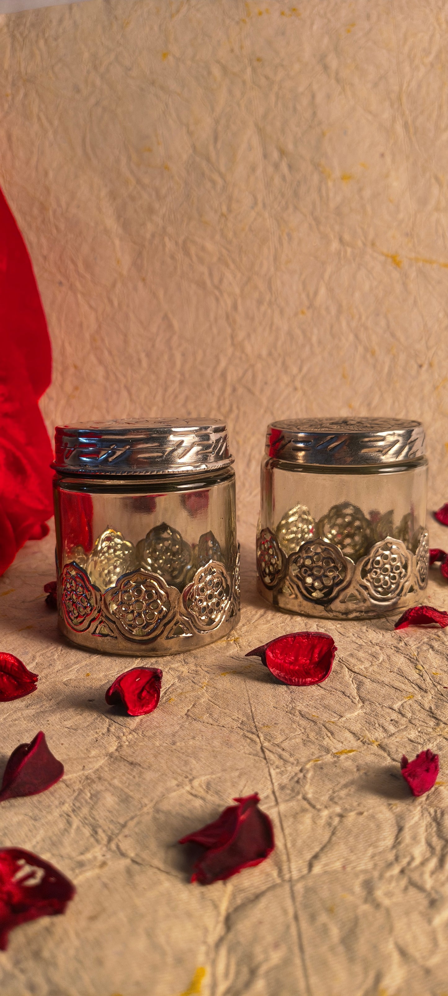 Pair of Handcrafted German Silver & Glass Utility Jars with Intricate Cutwork Base (Set of 2)