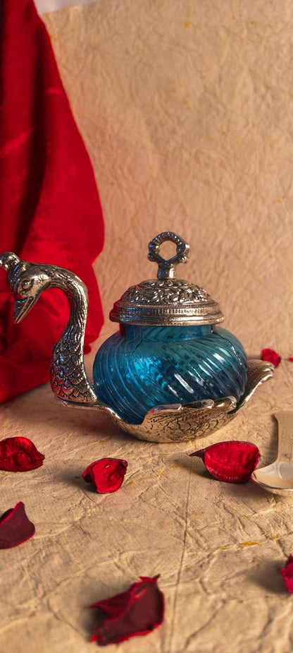 Elegant German Silver & Blue Glass Swan Utility Jar / Trinket Box