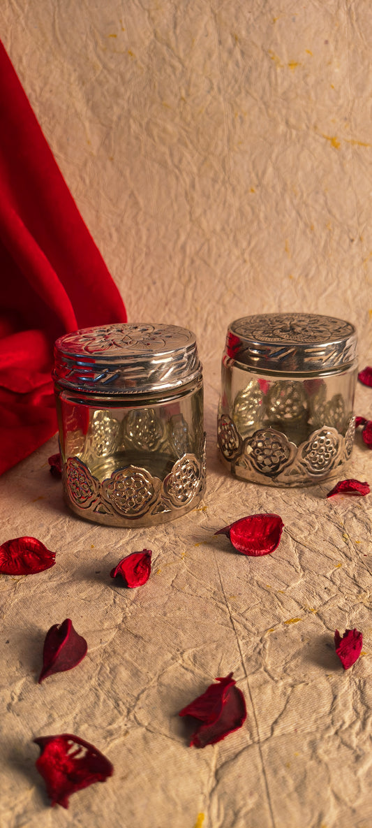 Pair of Handcrafted German Silver & Glass Utility Jars with Intricate Cutwork Base (Set of 2)