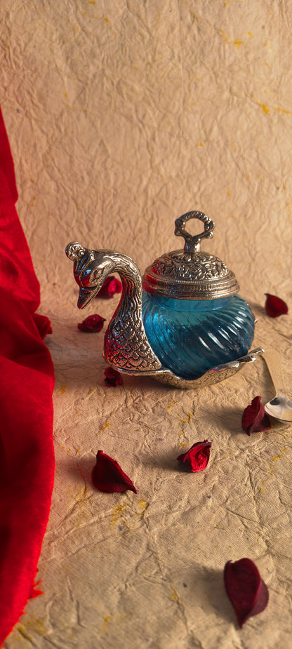 Elegant German Silver & Blue Glass Swan Utility Jar / Trinket Box