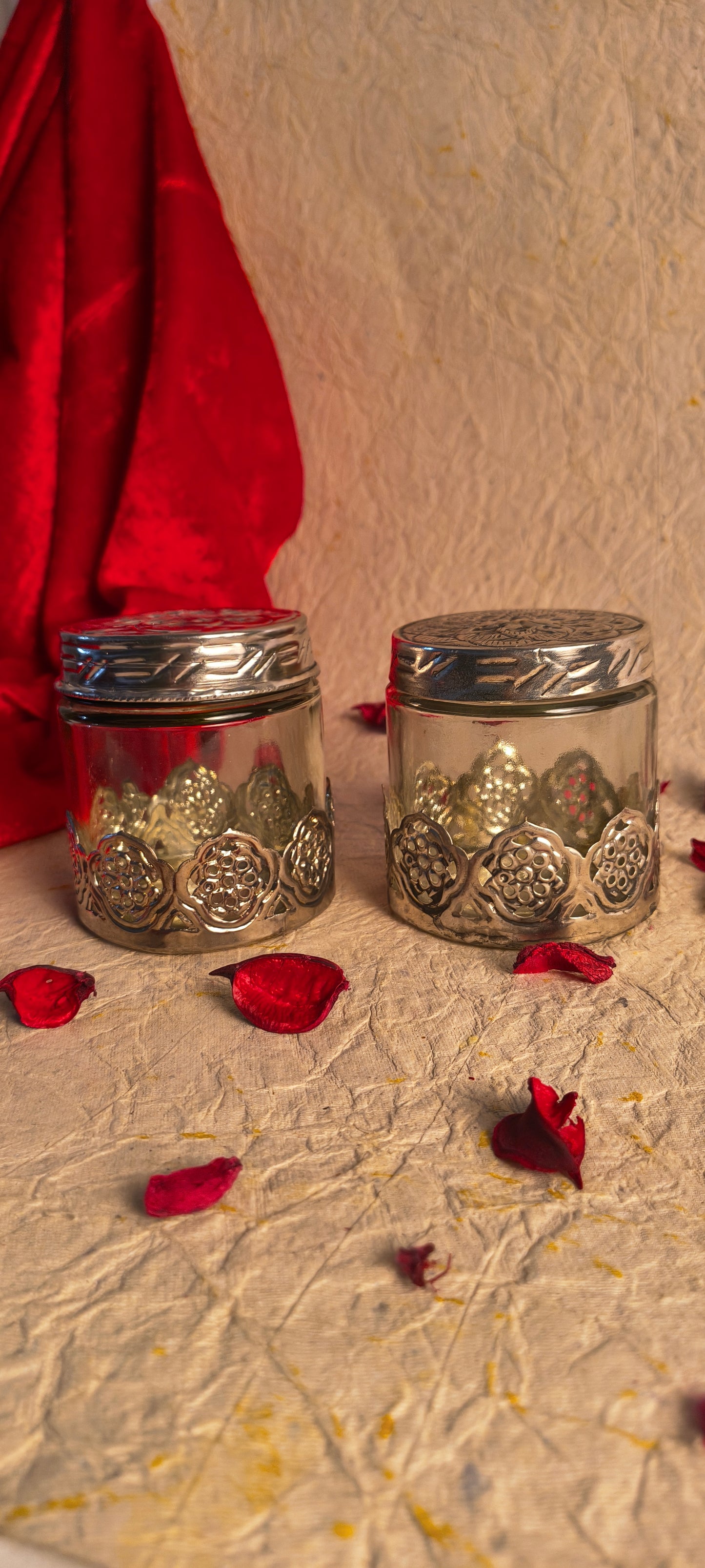Pair of Handcrafted German Silver & Glass Utility Jars with Intricate Cutwork Base (Set of 2)