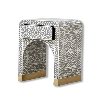 Bone Inlay Curved Bedside Table -  Floral