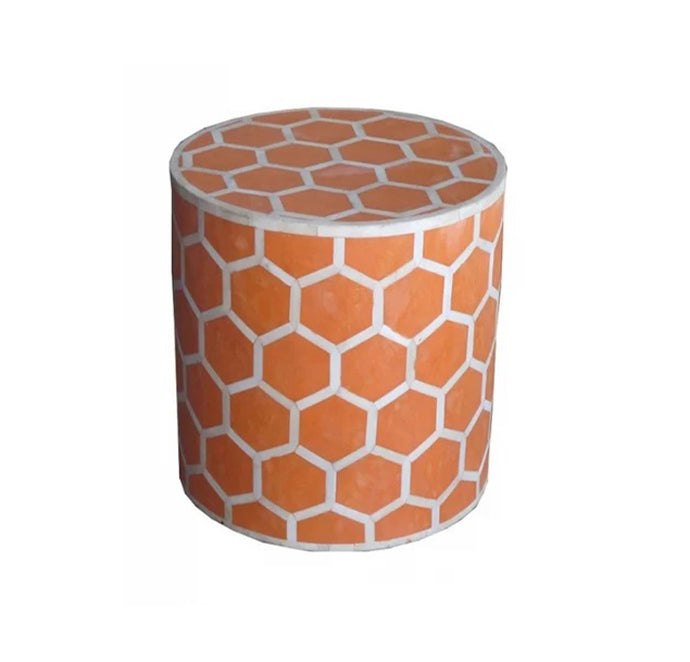 HANDMADE ORANGE BONE INLAY ROUND STOOL IN HONEYCOMB PATTERN