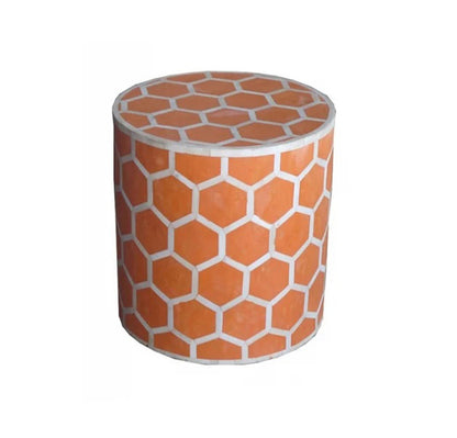 HANDMADE ORANGE BONE INLAY ROUND STOOL IN HONEYCOMB PATTERN