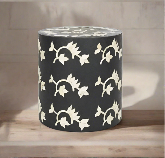 Black bone inlay Floral Round vintage antique stool for home office living decor