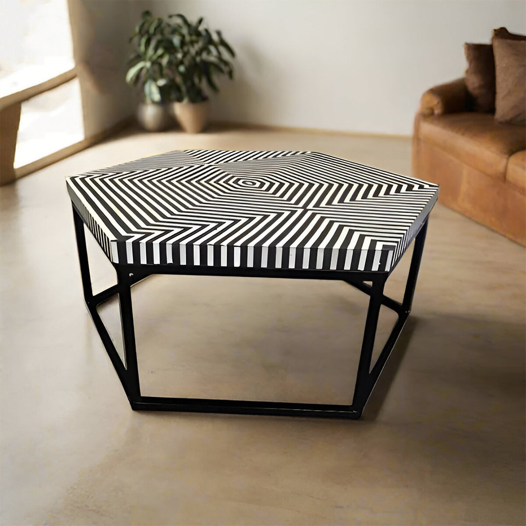 Bone Inlay Geometric Hexagonal Black Coffee Table
