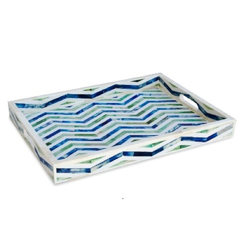 Decorative Bone Inlay Serving Tray with Blue Green Chevron Pattern