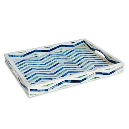 Decorative Bone Inlay Serving Tray with Blue Green Chevron Pattern