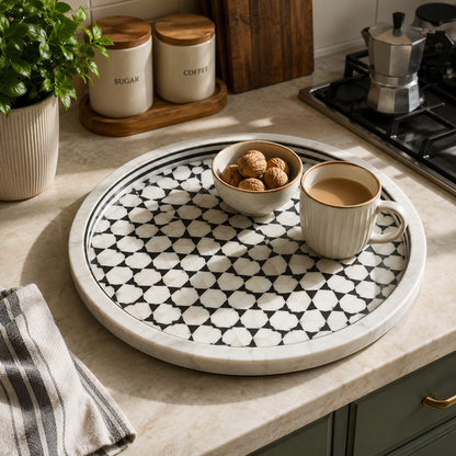 Luxury Handmade Bone Inlay Round Serving Tray for Home Decor & Kitchen Styling