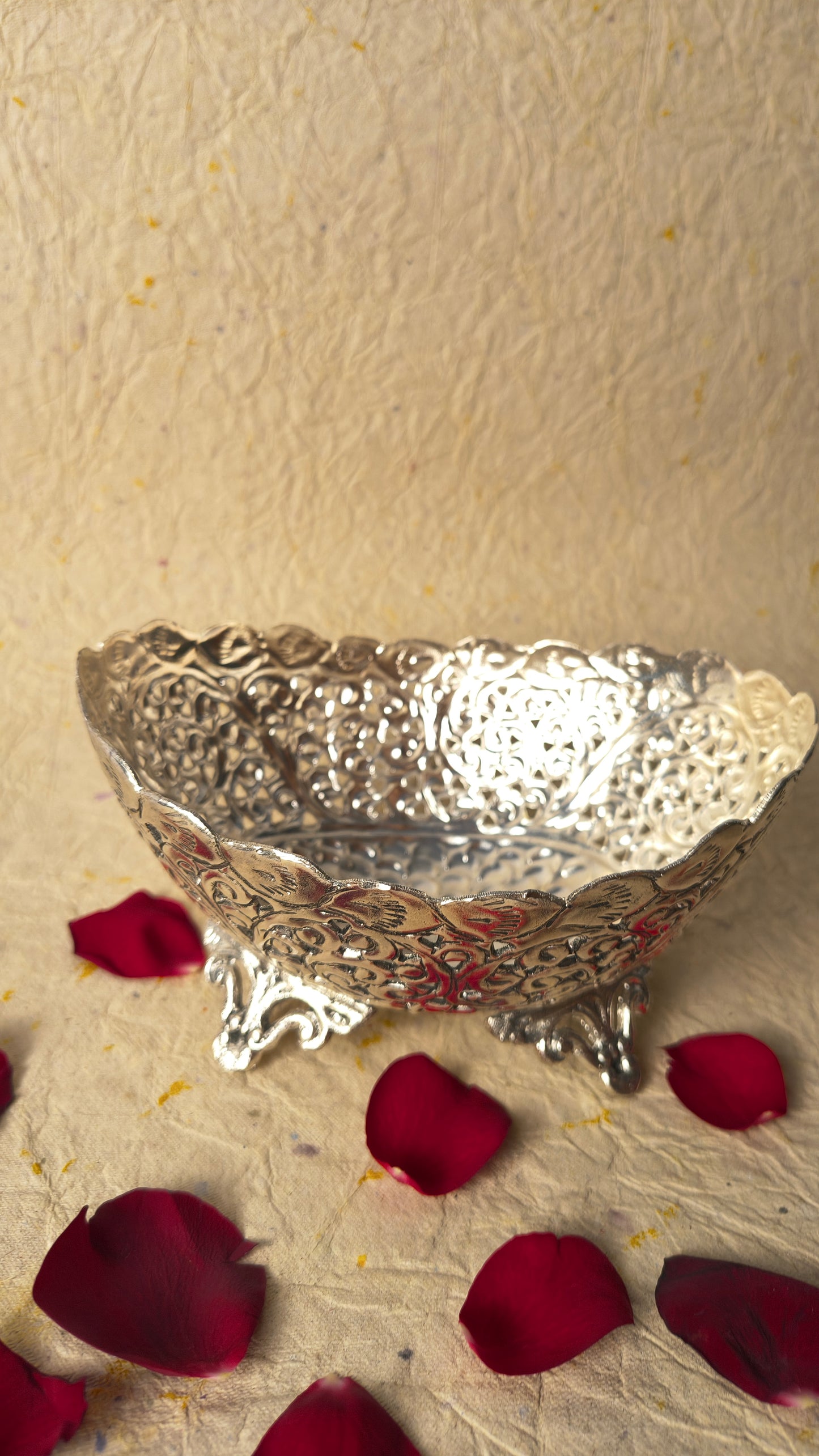 Handcrafted Silver Tone Decorative Bowl with Ornate Floral Pattern